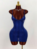 Blue glossy crocodile-texture cami bodycon mini dress front view