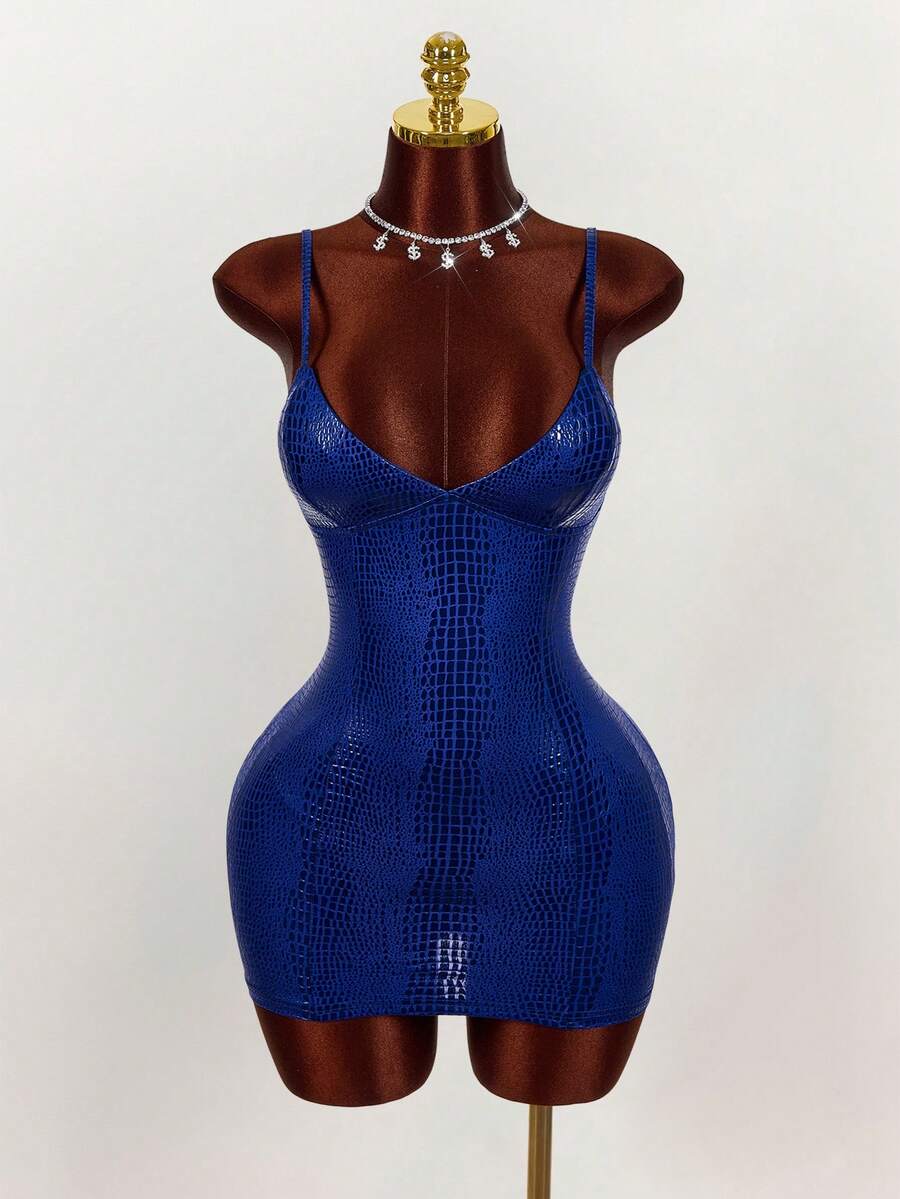 Blue glossy crocodile-texture cami bodycon mini dress front view
