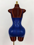 Back view of blue glossy crocodile-texture bodycon mini dress