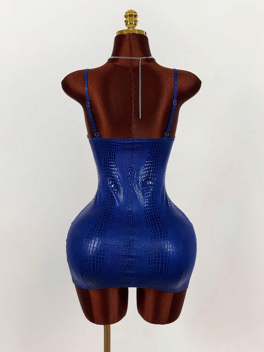 Back view of blue glossy crocodile-texture bodycon mini dress