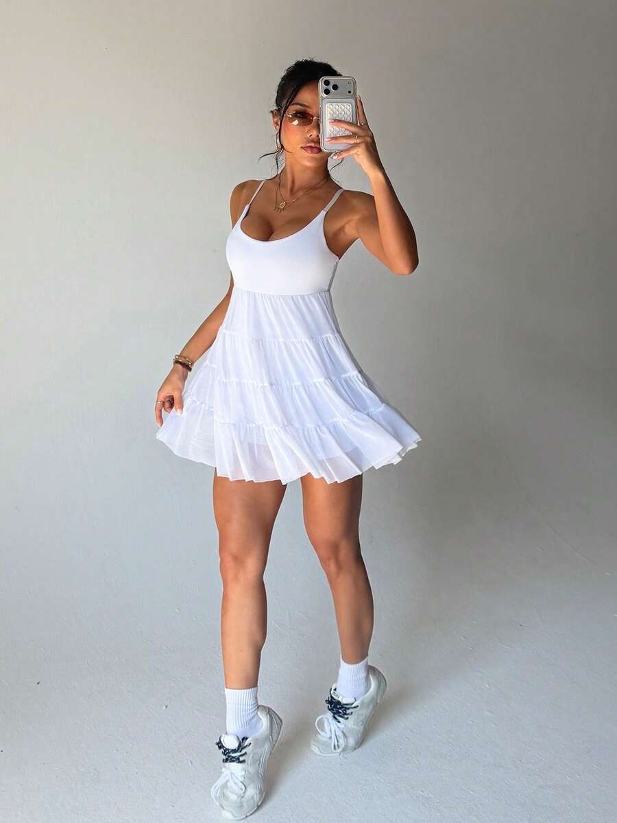 adjustable spaghetti strap mesh ruffle mini sports dress with built in pocket shorts image 15