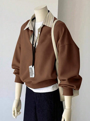 Front view of Women's Striped Long Sleeve Sweatshirt with Classic Shirt Collar in Brown color