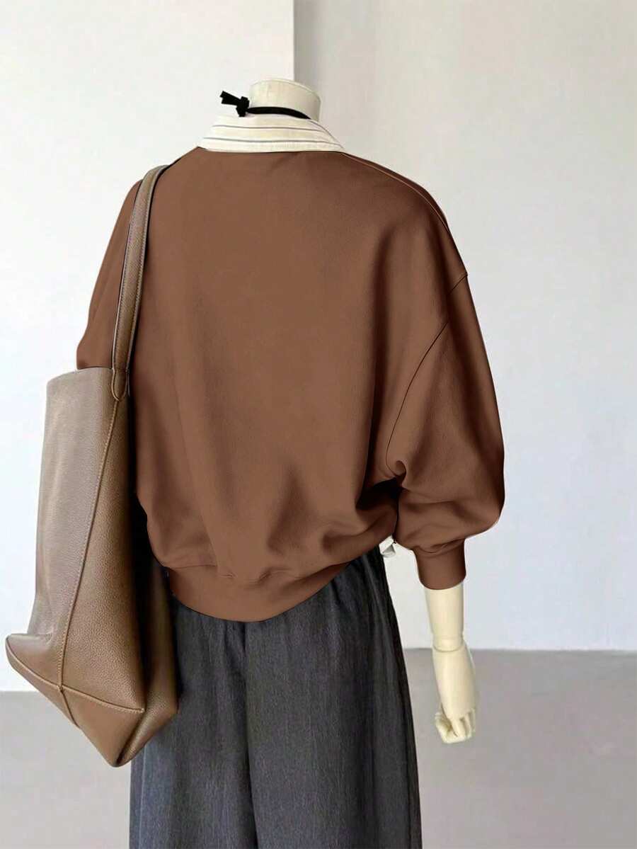 Front view of Women's Striped Long Sleeve Sweatshirt with Classic Shirt Collar in Brown color