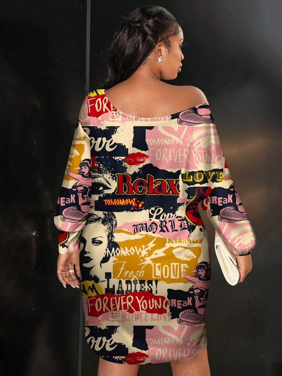 Front view of plus size pink graphic print dress with Y2K vintage aesthetic