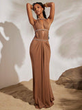 Mocha rhinestone backless maxi dress side view