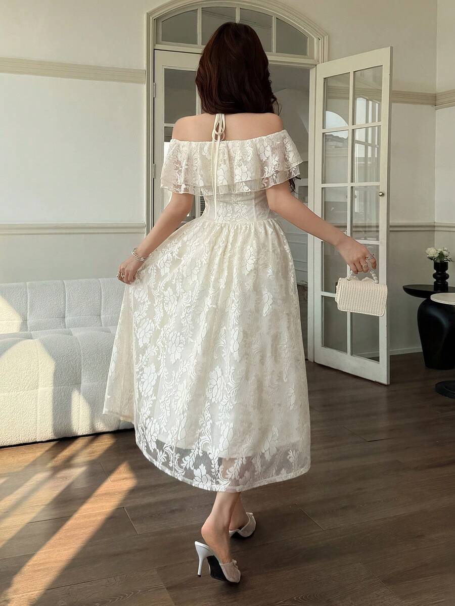 Ivory floral lace-style off-shoulder ruffle A-line midi dress on model