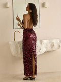 Burgundy backless sequin evening gown with floor-length hem