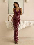 Ivory lace sequin maxi dress with deep V neckline and fitted shape