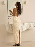 Mint-green sleeveless sequin midi dress with deep V neckline