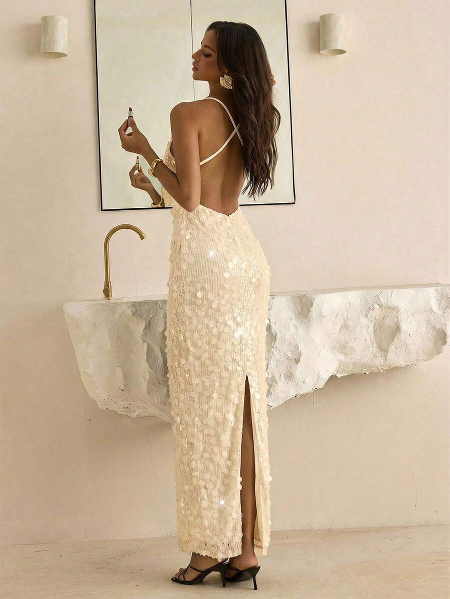 Mint-green sleeveless sequin midi dress with deep V neckline