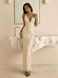 Ivory mermaid-style sequin evening dress with lace-trimmed cups