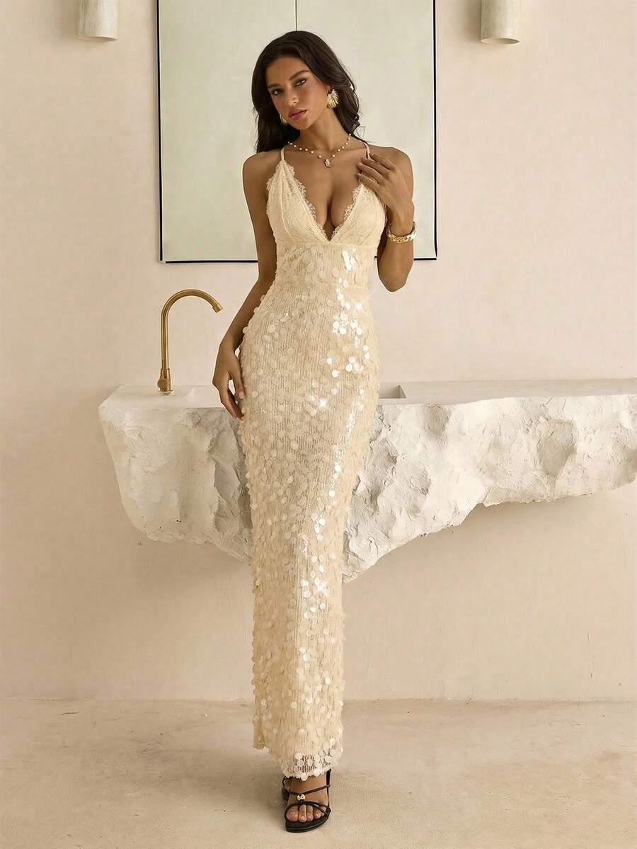 Ivory mermaid-style sequin evening dress with lace-trimmed cups