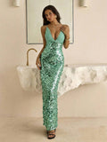 Mint-green deep V-neck sequin evening gown with fitted silhouette
