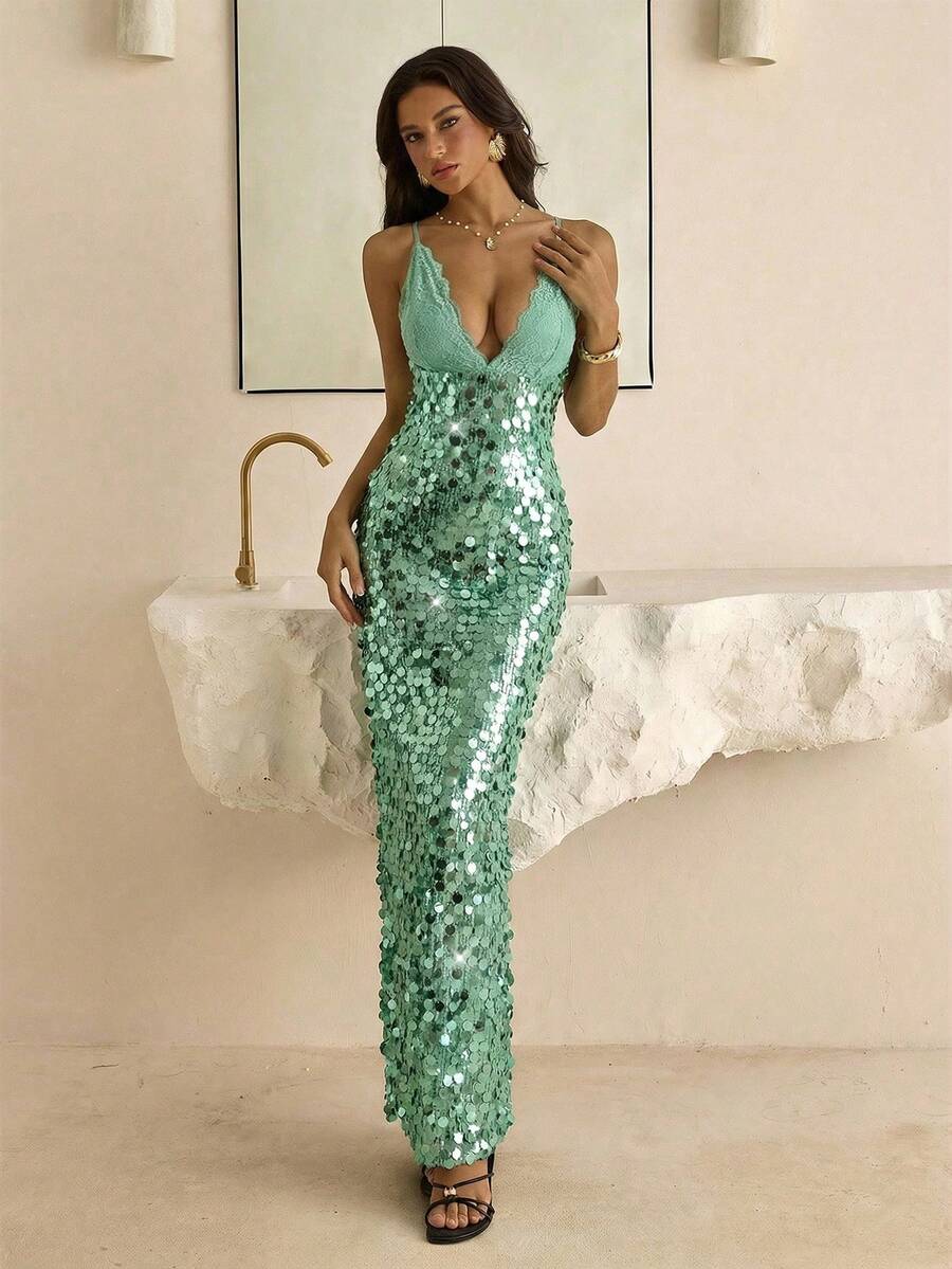 Mint-green deep V-neck sequin evening gown with fitted silhouette