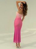 Pale pink ruched tube maxi dress back view