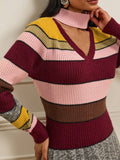 Close view of multicolor striped rib-knit dress with pink choker keyhole neckline