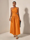 Orange one-shoulder cutout maxi dress front view