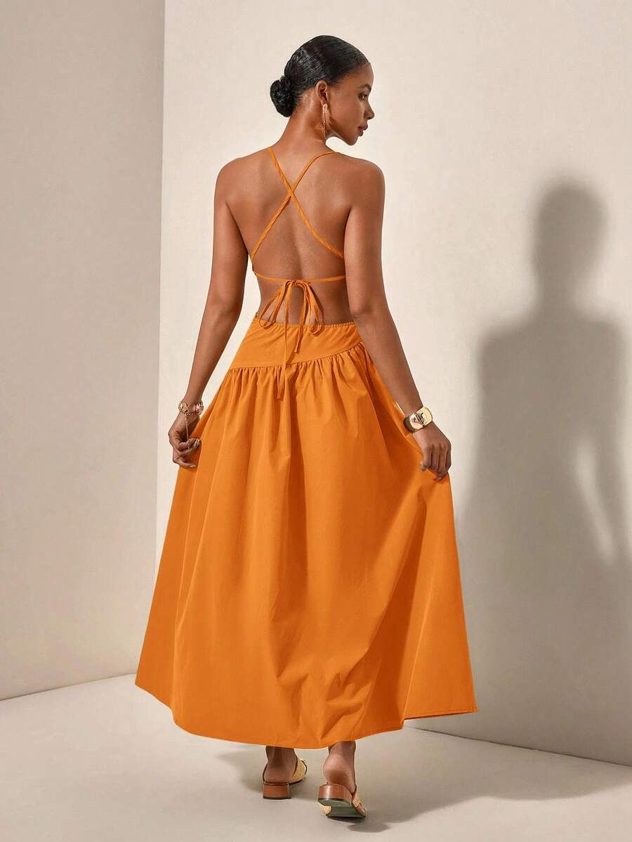 Back view orange open-back crisscross tie maxi dress