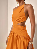Close-up orange one-shoulder maxi dress with waist cutout