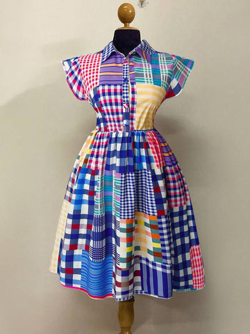 Front view of Stylish Plaid Patchwork Bodycon Dress for Effortless Casual Elegance in Multicolor color