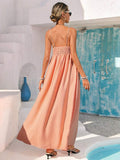 Back view peach maxi sundress with adjustable straps and smocked back