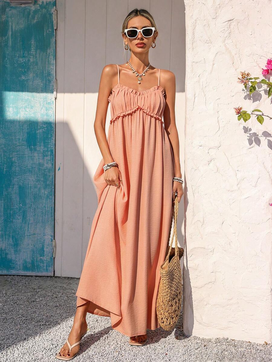 Peach spaghetti-strap ruffle bust maxi sundress front view