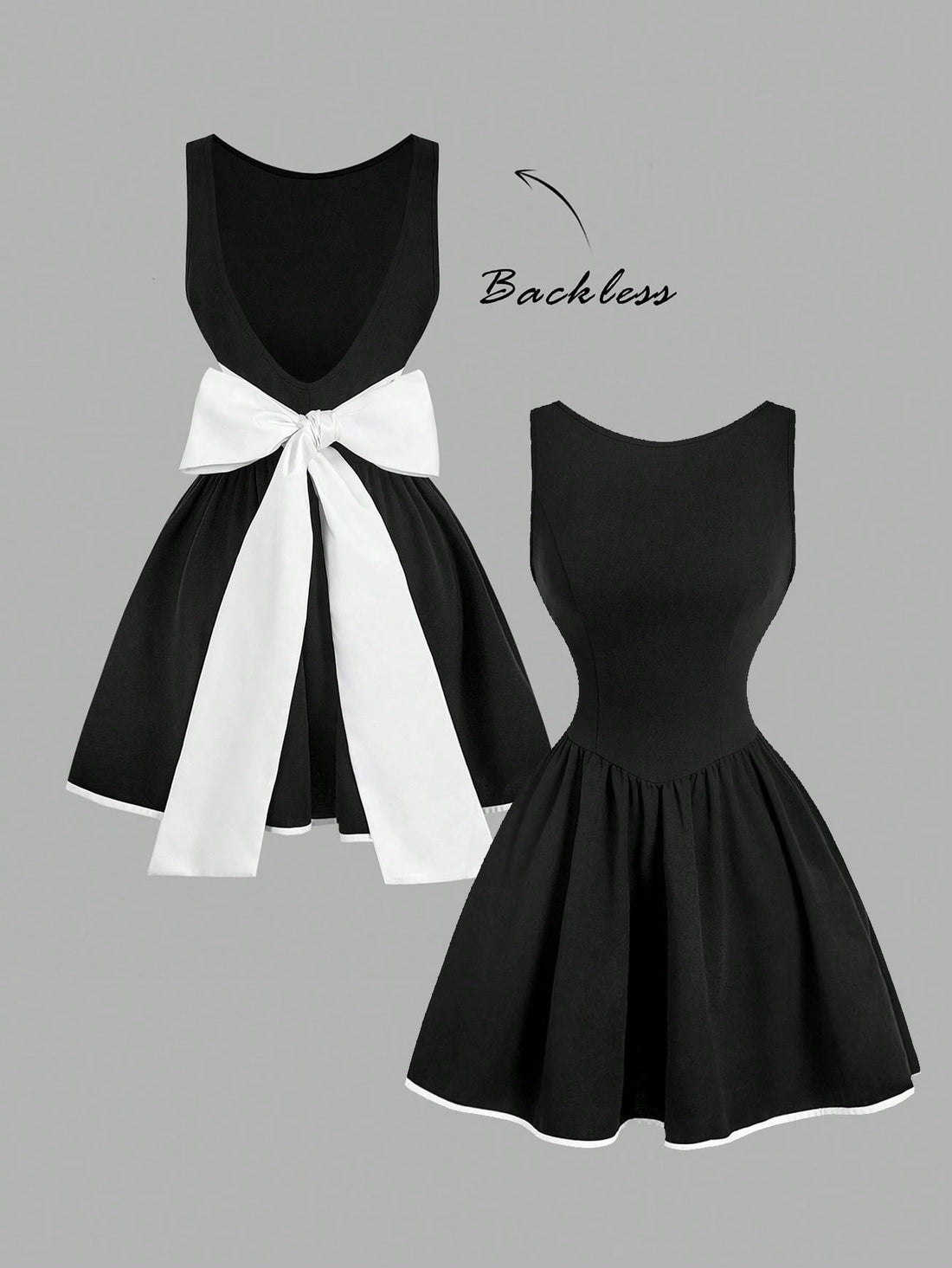 This sophisticated black and white dress combines timeless elegance with modern design. The striking bow detail and backless silhouette create a dramatic focal point, making it an ideal choice for tea parties, weddings, and upscale events. The contrasting color palette ensures versatility while maintaining a polished, refined appearance. Perfect for those seeking a statement piece that balances classic style with contemporary flair, this dress delivers both confidence and grace for any special occasion.