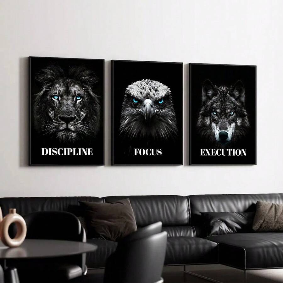Exude Fearless Sophistication with Our Motivational Black &amp; White Animal Canvas Set!

Experience the breathtaking fusion of raw natural power and sharp, minimalist interior tailoring. This stunning 3-piece unframed canvas set is meticulously designed for the high-achiever who values a "quiet luxury" approach to daily inspiration—the ultimate centerpiece for sophisticated home offices, modern executive suites, and high-energy creative spaces.

Iconic Monochromatic Animal Artistry: Featuring a masterfully