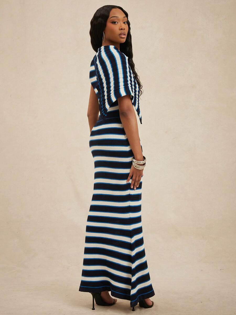 Elevate your wardrobe with this sophisticated asymmetrical maxi knit dress, designed for versatile styling from casual outings to business events. Featuring a flattering striped pattern and sleek bodycon silhouette, this green dress combines elegance with comfort. The mermaid hem and contrast binding create a refined look, while the slim fit and slight stretch fabric ensure all-day wearability. Perfect for spring and fall seasons, this 100% polyester knitwear piece transitions seamlessly between occasions. 