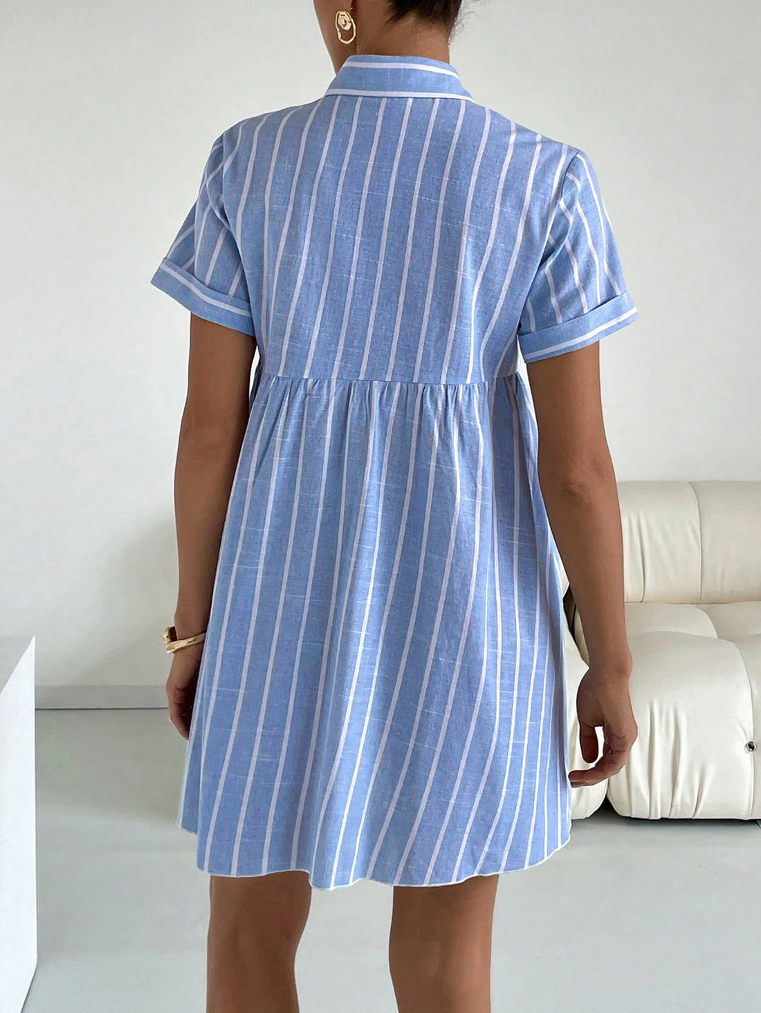 Women's Casual Blue And White Stripe Short Sleeve Mini Dress,Summer Vacation Resort Wear Front Button Shirt Dresses,Preppy Yacht Club Cruise Outfits