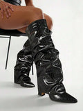 Back view of Stylish Knee-High Slouchy Shark Boots with Chunky Heels for Parties and Office Wear for knee high boot styling