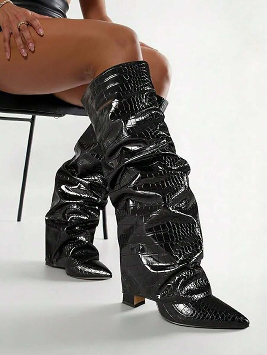Back view of Stylish Knee-High Slouchy Shark Boots with Chunky Heels for Parties and Office Wear for knee high boot styling
