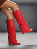 Shaft detail view of Stylish Knee-High Slouchy Shark Boots with Chunky Heels for Parties and Office Wear for knee high boot styling