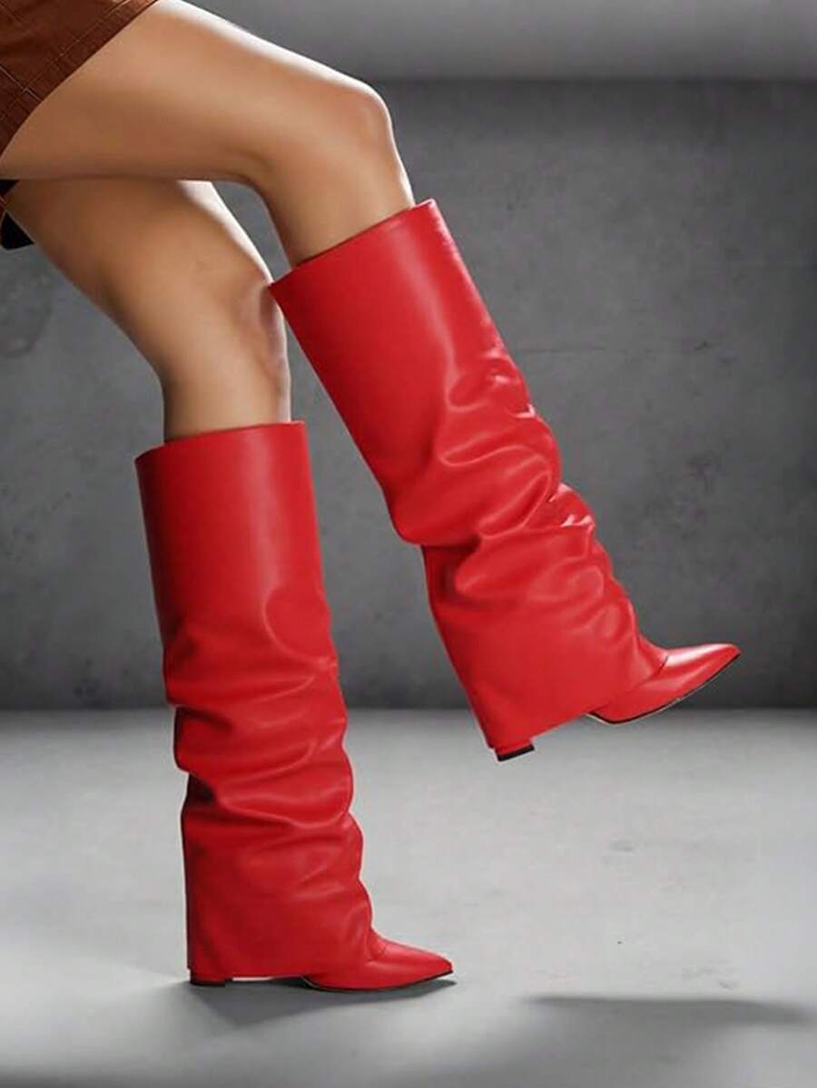 Shaft detail view of Stylish Knee-High Slouchy Shark Boots with Chunky Heels for Parties and Office Wear for knee high boot styling