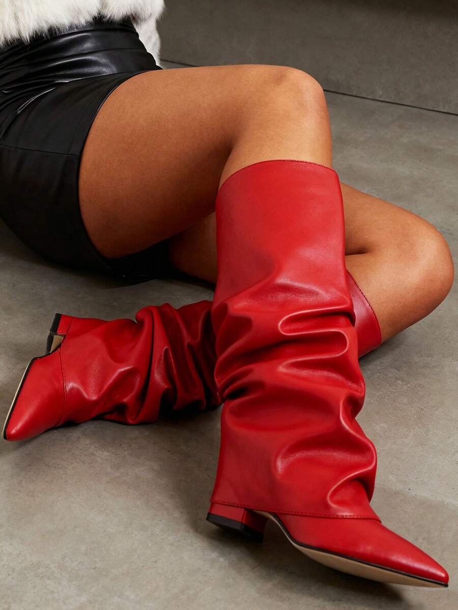Back view of Stylish Knee-High Slouchy Shark Boots with Chunky Heels for Parties and Office Wear for knee high boot styling