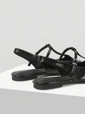 Ruched shaft view of Chic Black Patent Leather T-Strap Stiletto Sandals - Retro Hollow Design for Women for punk motorcycle boot styling