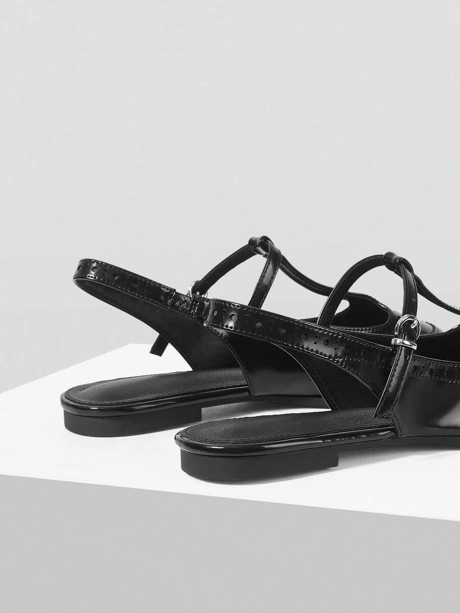 Ruched shaft view of Chic Black Patent Leather T-Strap Stiletto Sandals - Retro Hollow Design for Women for punk motorcycle boot styling