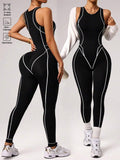 seamless sleeveless full length sports jumpsuit with high neck back zipper and contrast contour piping image 1
