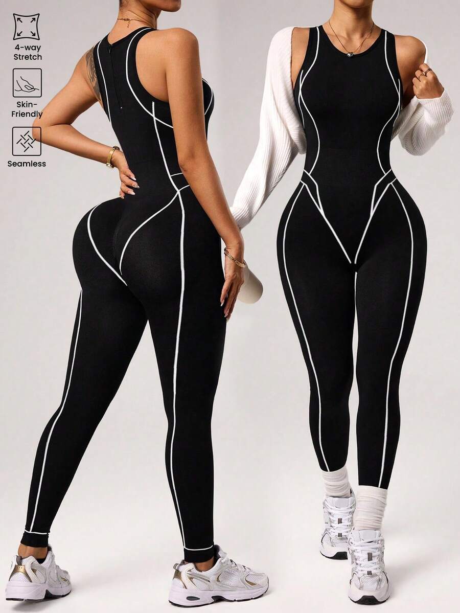 seamless sleeveless full length sports jumpsuit with high neck back zipper and contrast contour piping image 1