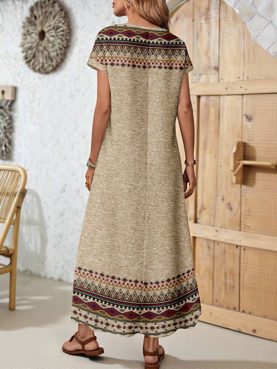 Front view of tan geometric border print maxi dress with boho pattern