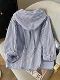 Front view of Elegant Plus Size Striped Hooded Shirt  for Summer and Autumn - Lightweight & Stylish for everyday styling