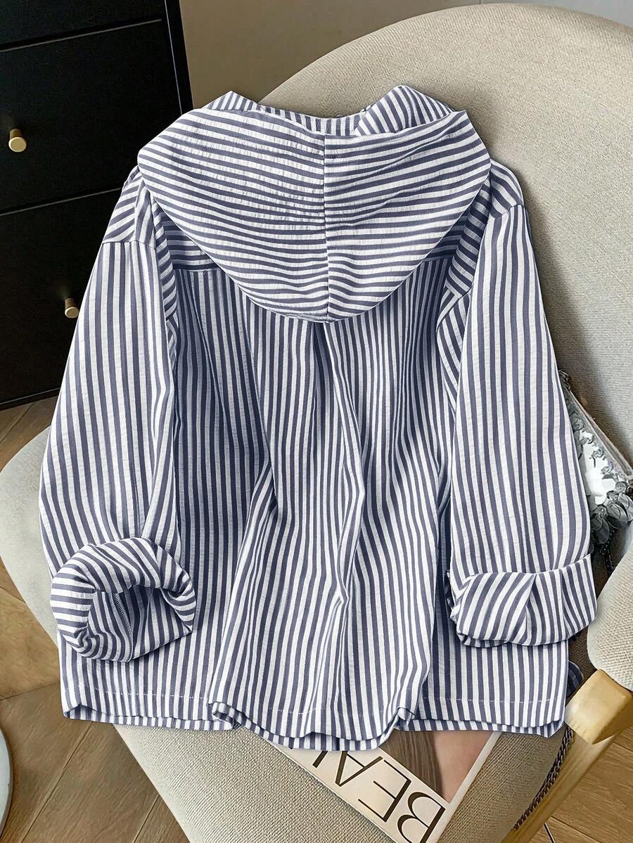 Front view of Elegant Plus Size Striped Hooded Shirt  for Summer and Autumn - Lightweight & Stylish for everyday styling