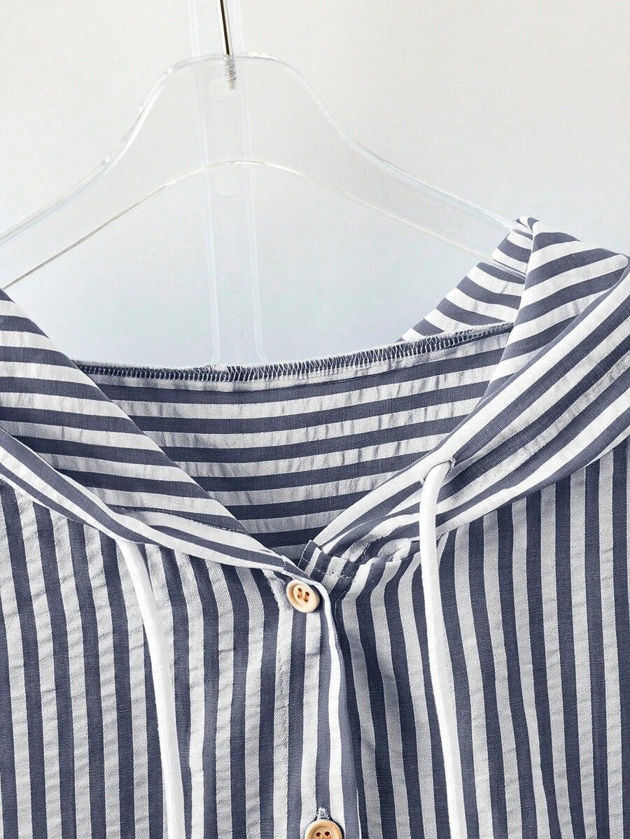 Detail view of Elegant Plus Size Striped Hooded Shirt  for Summer and Autumn - Lightweight & Stylish for everyday styling