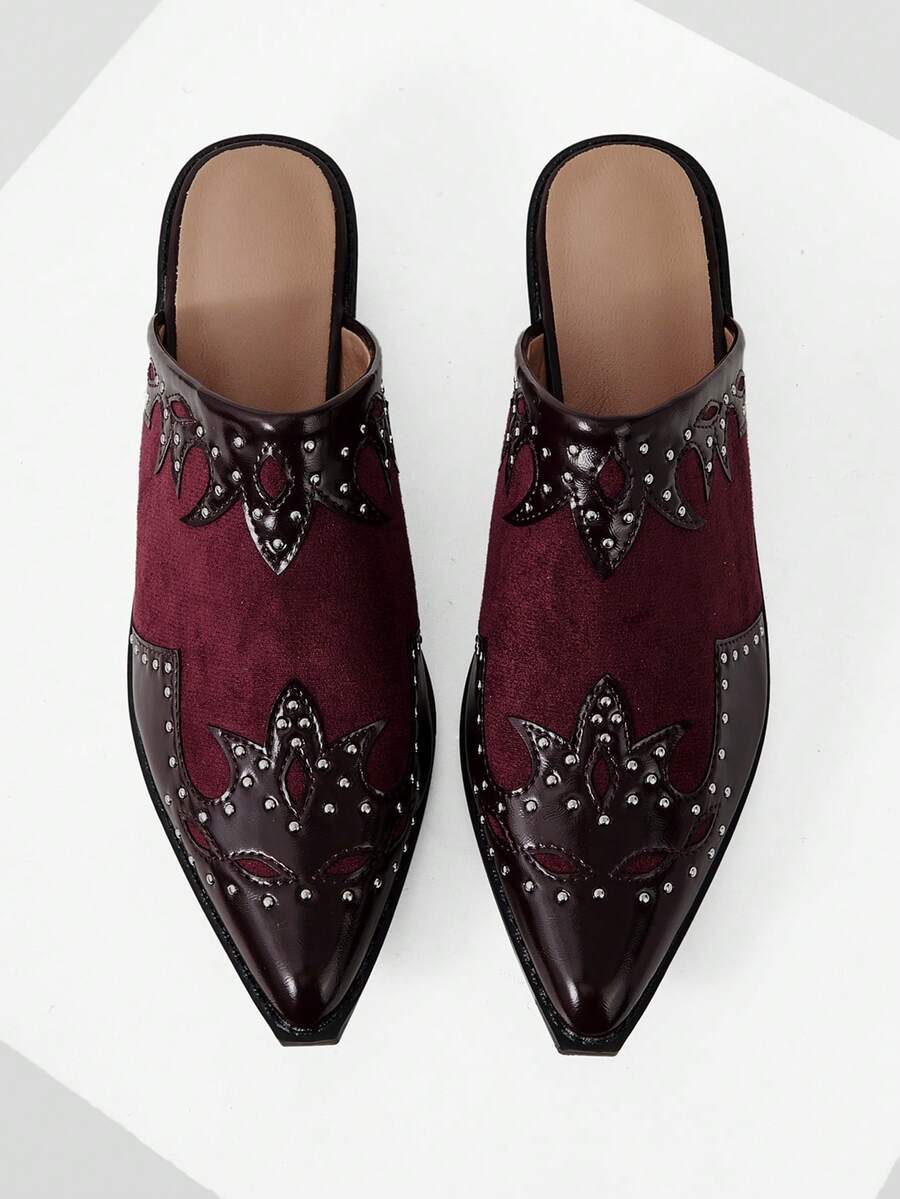Color option view of Women's Textured Patchwork Mule Slip-On Shoes with Chunky Heels for Festive Holiday Style for punk motorcycle boot styling