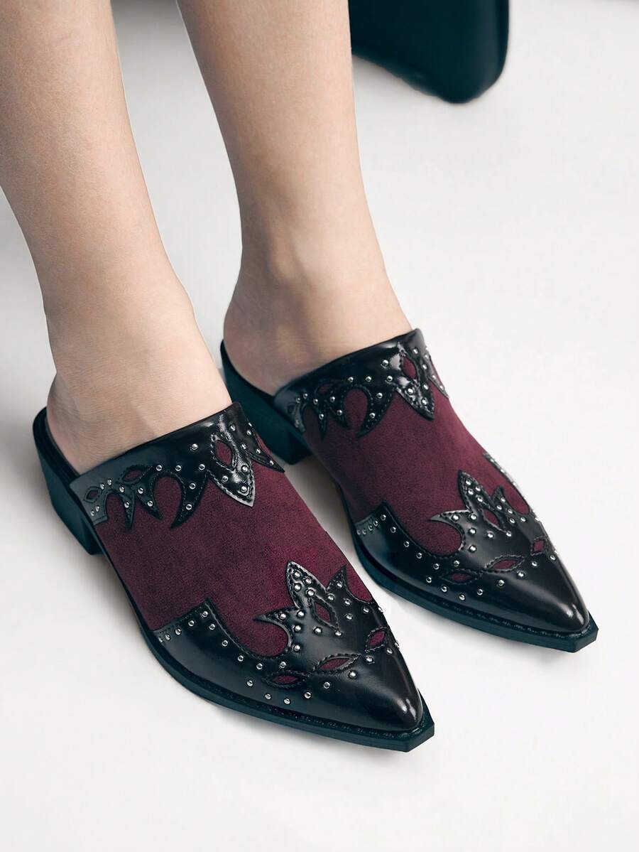 Slip-on view of Women's Textured Patchwork Mule Slip-On Shoes with Chunky Heels for Festive Holiday Style for punk motorcycle boot styling