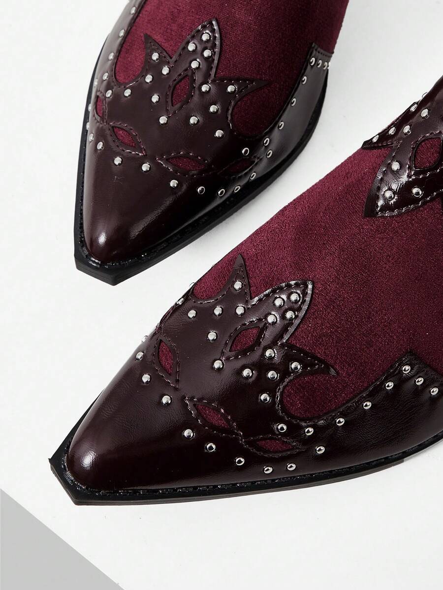 Outsole view of Women's Textured Patchwork Mule Slip-On Shoes with Chunky Heels for Festive Holiday Style for punk motorcycle boot styling
