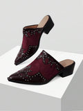 Front view of Women's Textured Patchwork Mule Slip-On Shoes with Chunky Heels for Festive Holiday Style for punk motorcycle boot styling