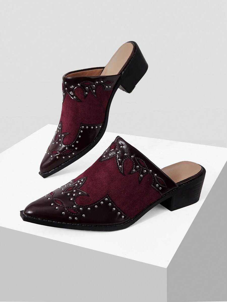 Front view of Women's Textured Patchwork Mule Slip-On Shoes with Chunky Heels for Festive Holiday Style for punk motorcycle boot styling