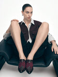 Side view of Women's Textured Patchwork Mule Slip-On Shoes with Chunky Heels for Festive Holiday Style for punk motorcycle boot styling