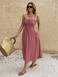 Pink ruched bust midi sundress with tie front ruffle neckline and side pocket